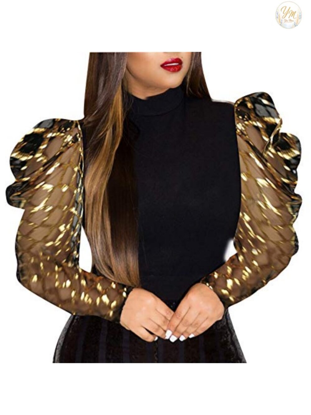 Women's Sequin Mock Neck Party Blouse Mesh Long Sleeve Slim Fit Top